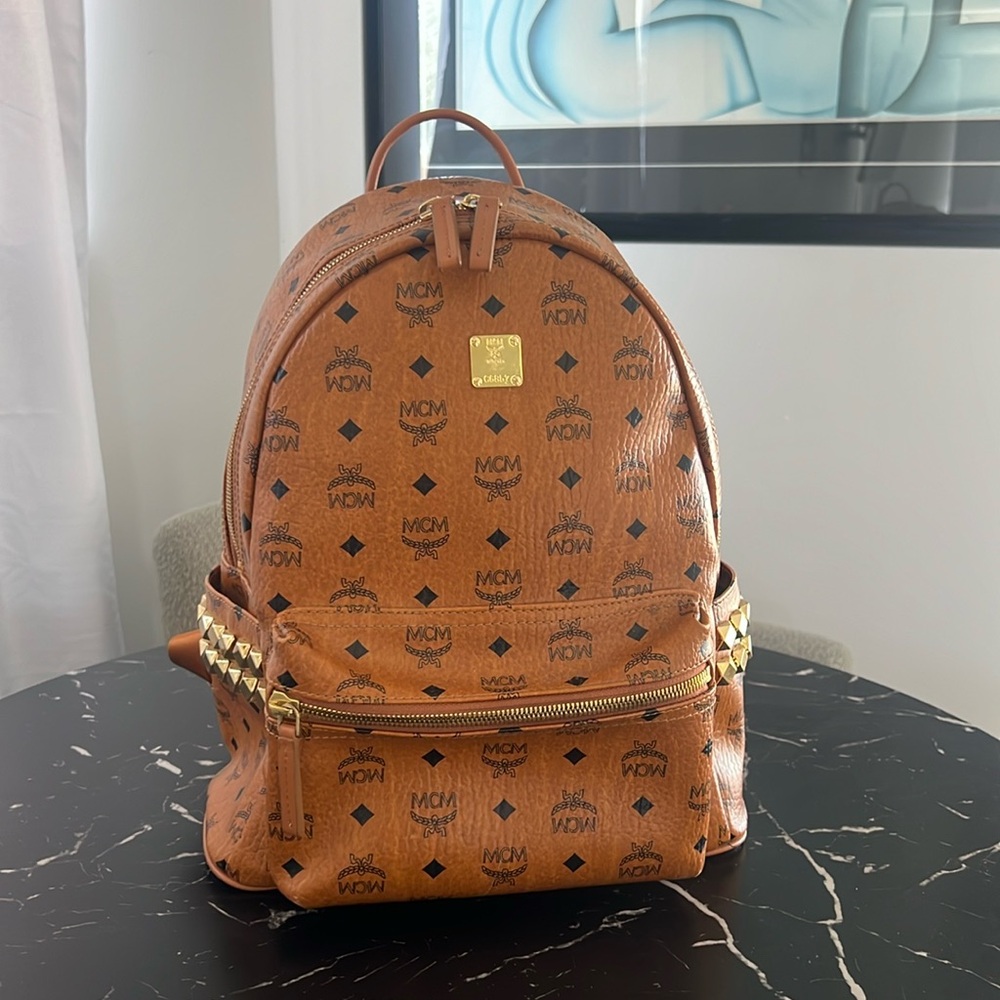 MCM Cognac Visetos Logo Backpack with Gold Hardware